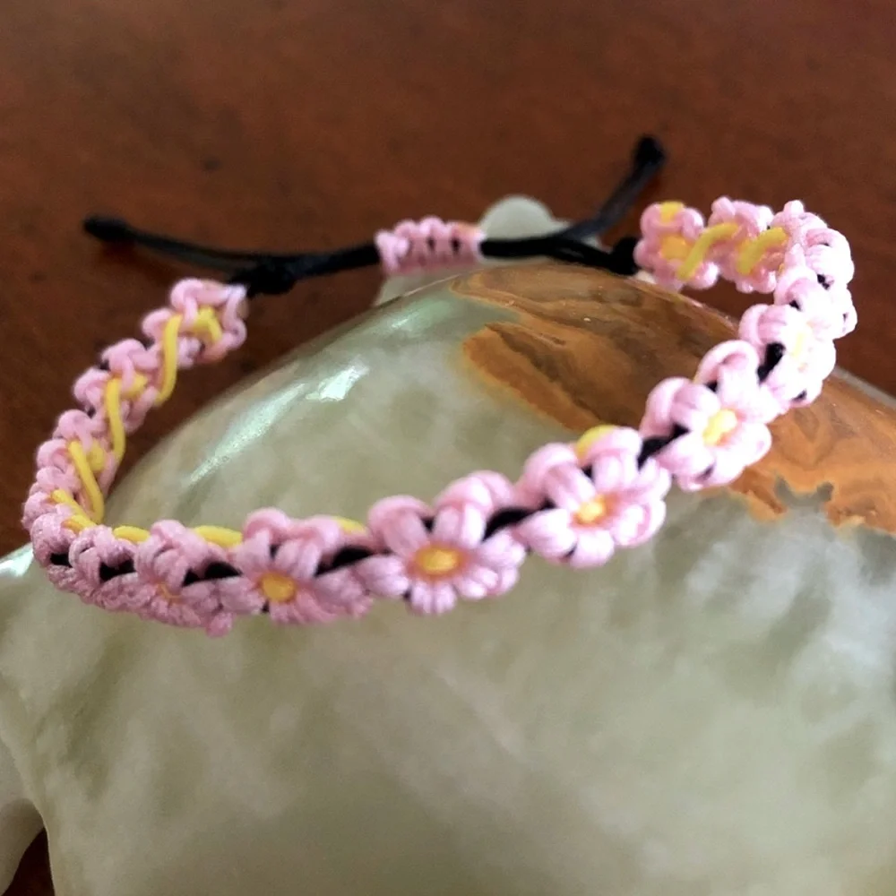 Handmade Peach Blossom Pink Floral Chinese Adjustable Bracelet Black Gift Asian
